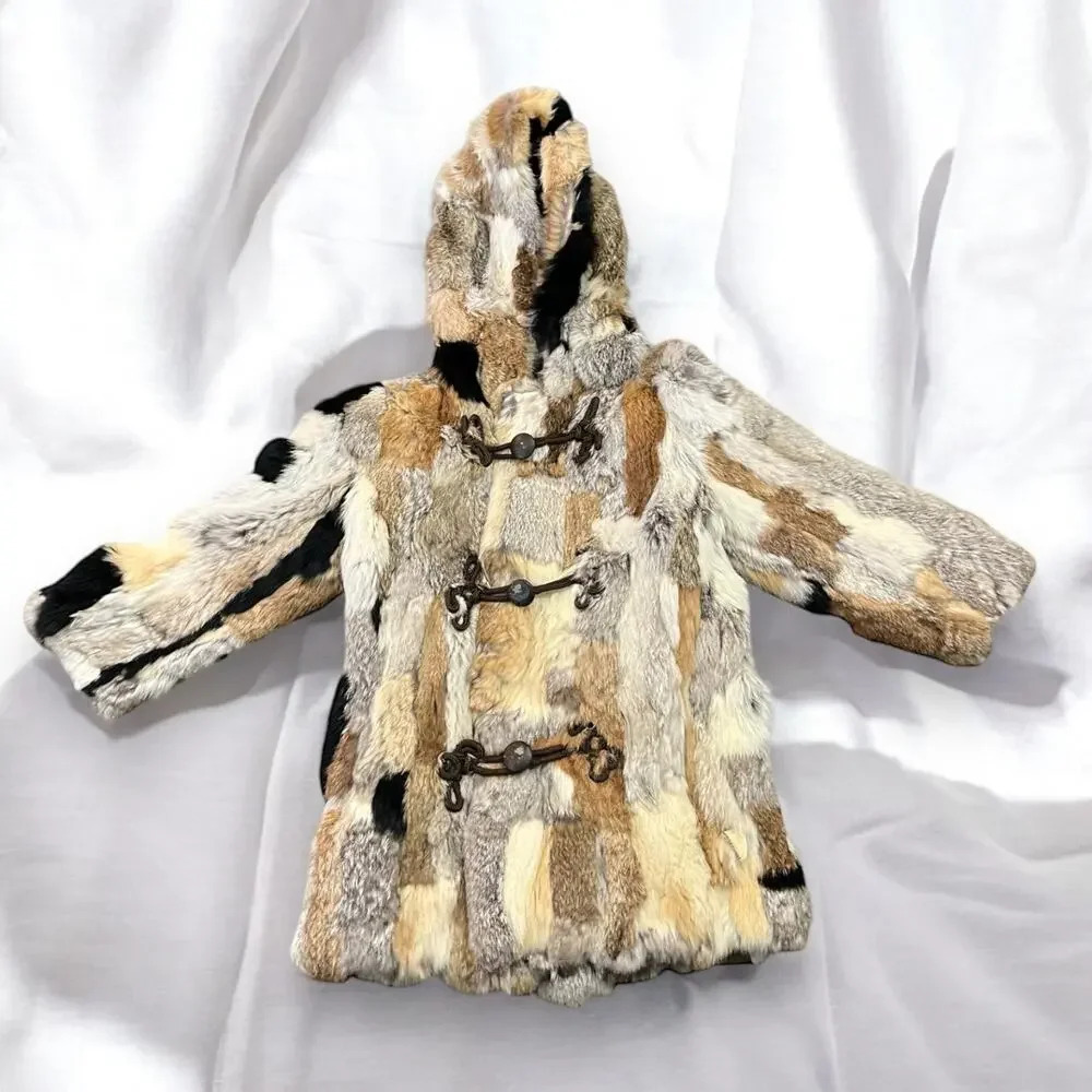 LIL’ BIRDS OF CA Vintage 1950s 1960s Patchwork Fur Hooded Jacket Coat